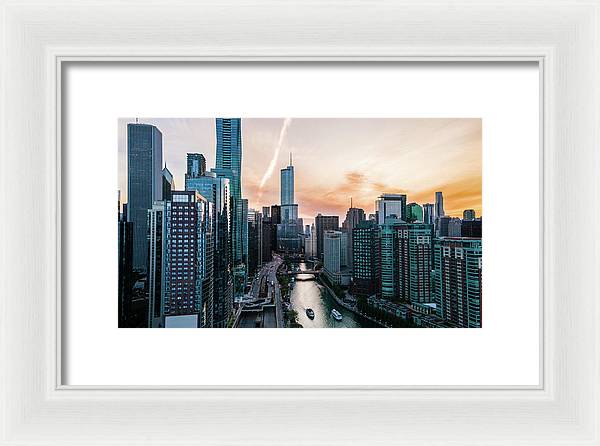 Aerial drone of downtown chicago over the riverwalk - Framed Print