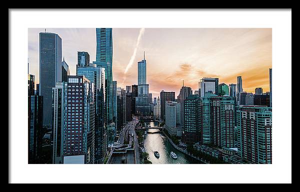Aerial drone of downtown chicago over the riverwalk - Framed Print