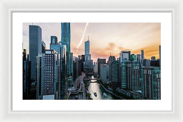 Aerial drone of downtown chicago over the riverwalk - Framed Print