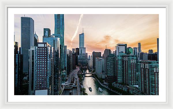 Aerial drone of downtown chicago over the riverwalk - Framed Print