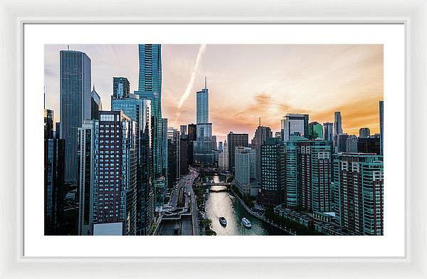 Aerial drone of downtown chicago over the riverwalk - Framed Print
