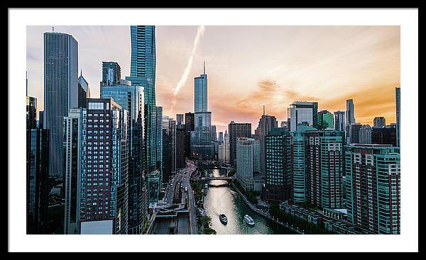 Aerial drone of downtown chicago over the riverwalk - Framed Print