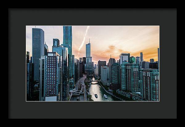 Aerial drone of downtown chicago over the riverwalk - Framed Print