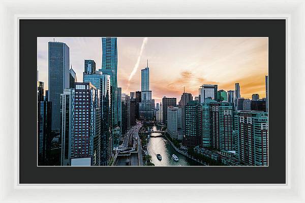 Aerial drone of downtown chicago over the riverwalk - Framed Print