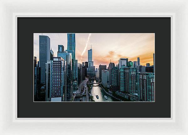 Aerial drone of downtown chicago over the riverwalk - Framed Print