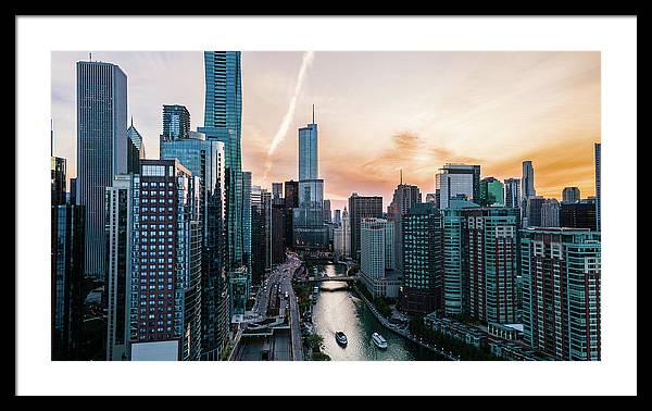 Aerial drone of downtown chicago over the riverwalk - Framed Print