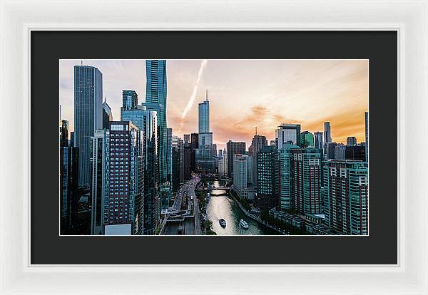 Aerial drone of downtown chicago over the riverwalk - Framed Print