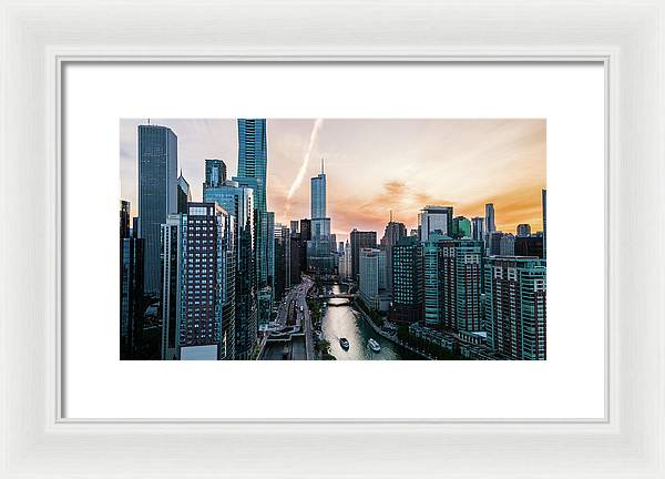 Aerial drone of downtown chicago over the riverwalk - Framed Print
