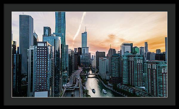 Aerial drone of downtown chicago over the riverwalk - Framed Print