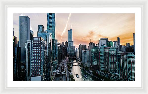 Aerial drone of downtown chicago over the riverwalk - Framed Print