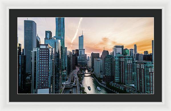 Aerial drone of downtown chicago over the riverwalk - Framed Print