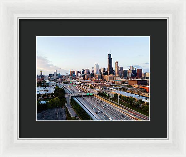 Aerial drone of downtown chicago Sunset - Framed Print