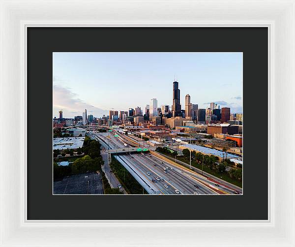 Aerial drone of downtown chicago Sunset - Framed Print