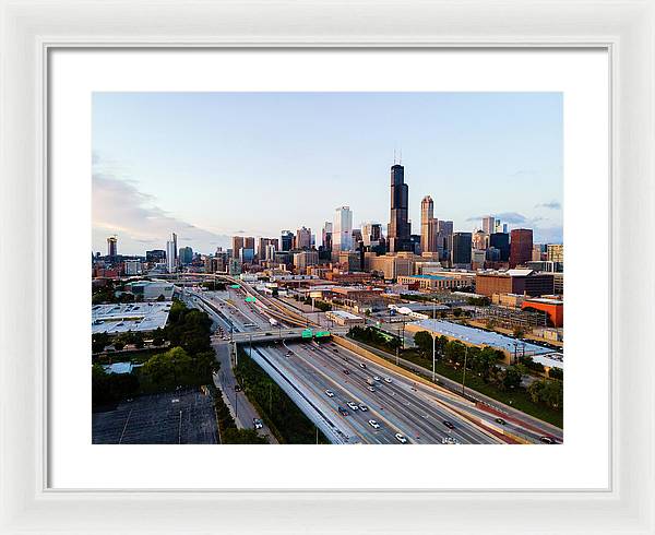 Aerial drone of downtown chicago Sunset - Framed Print