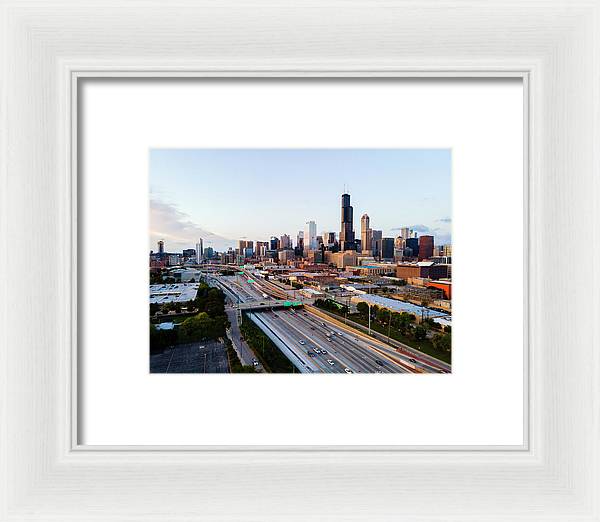 Aerial drone of downtown chicago Sunset - Framed Print