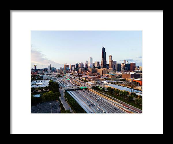 Aerial drone of downtown chicago Sunset - Framed Print
