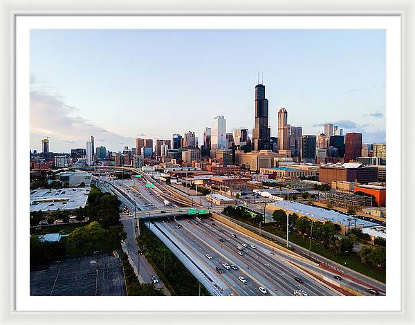 Aerial drone of downtown chicago Sunset - Framed Print