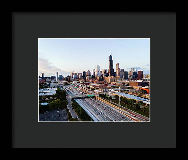 Aerial drone of downtown chicago Sunset - Framed Print