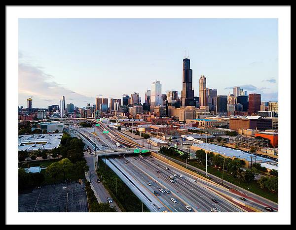 Aerial drone of downtown chicago Sunset - Framed Print