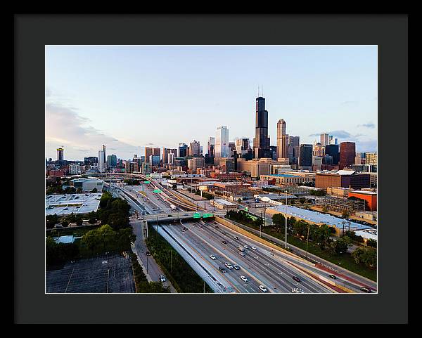 Aerial drone of downtown chicago Sunset - Framed Print