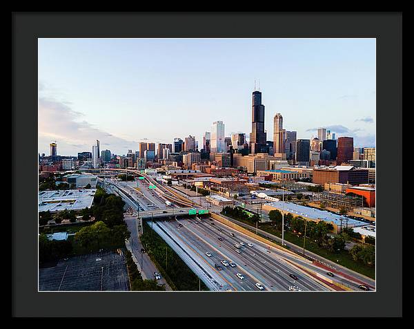 Aerial drone of downtown chicago Sunset - Framed Print