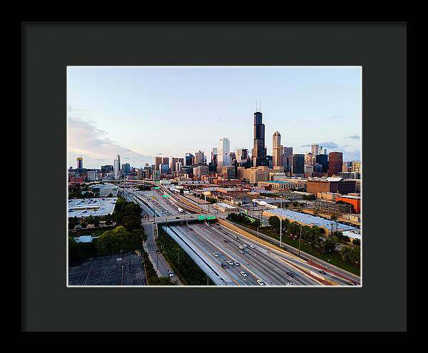 Aerial drone of downtown chicago Sunset - Framed Print