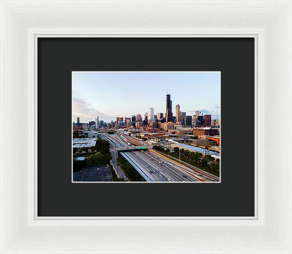 Aerial drone of downtown chicago Sunset - Framed Print
