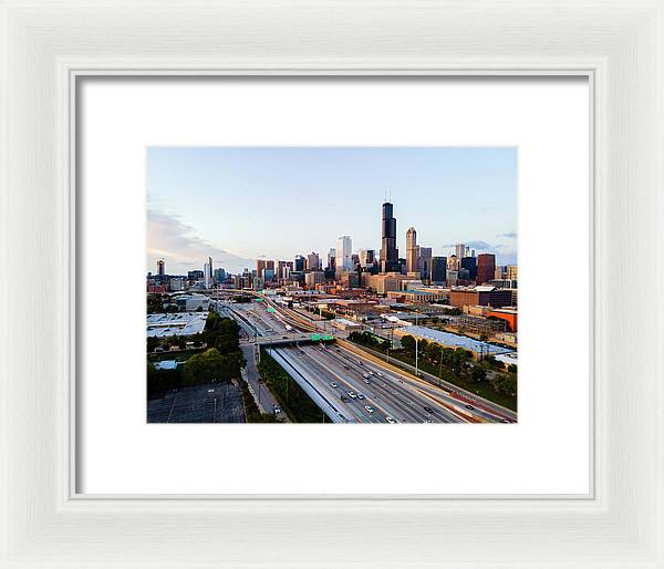 Aerial drone of downtown chicago Sunset - Framed Print