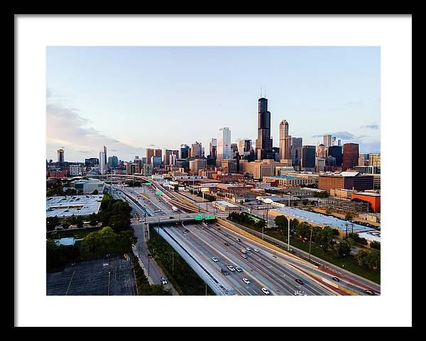 Aerial drone of downtown chicago Sunset - Framed Print