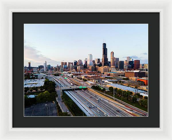 Aerial drone of downtown chicago Sunset - Framed Print