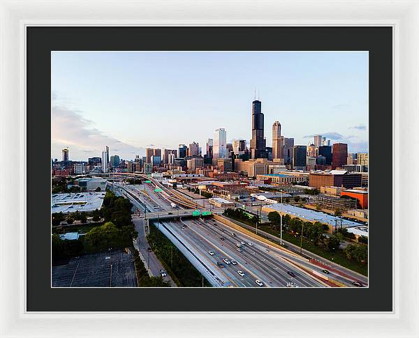Aerial drone of downtown chicago Sunset - Framed Print