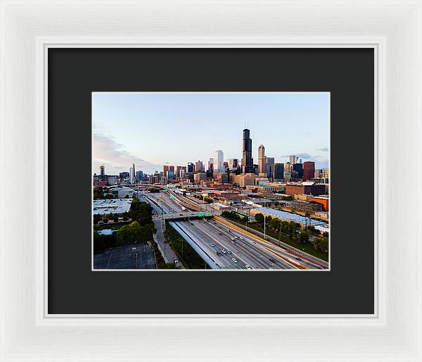 Aerial drone of downtown chicago Sunset - Framed Print
