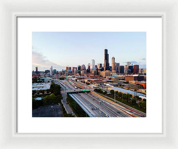Aerial drone of downtown chicago Sunset - Framed Print
