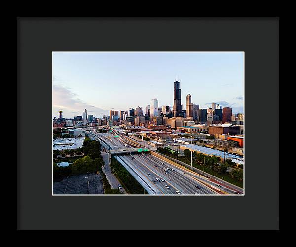 Aerial drone of downtown chicago Sunset - Framed Print