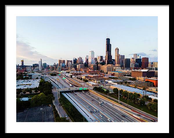 Aerial drone of downtown chicago Sunset - Framed Print