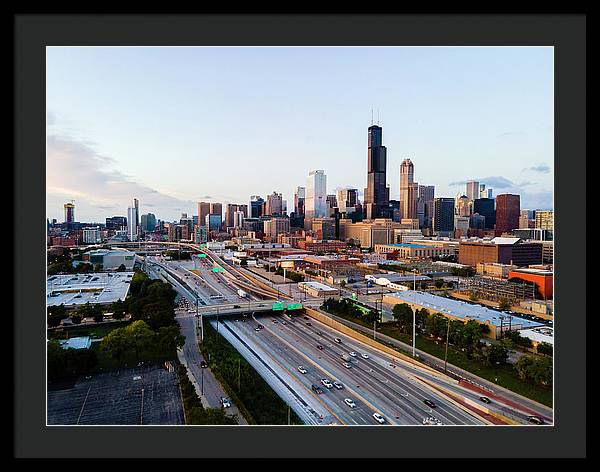 Aerial drone of downtown chicago Sunset - Framed Print