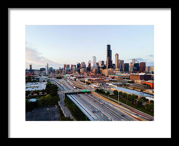 Aerial drone of downtown chicago Sunset - Framed Print