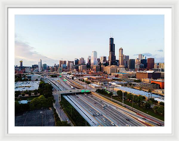 Aerial drone of downtown chicago Sunset - Framed Print