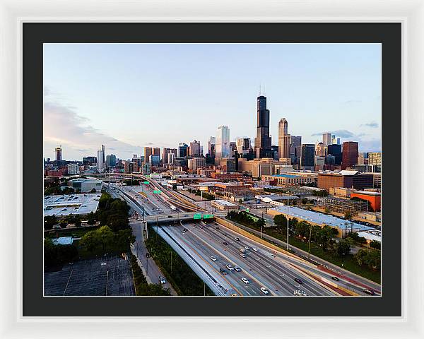 Aerial drone of downtown chicago Sunset - Framed Print