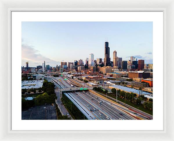 Aerial drone of downtown chicago Sunset - Framed Print