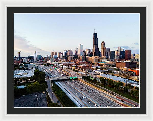 Aerial drone of downtown chicago Sunset - Framed Print