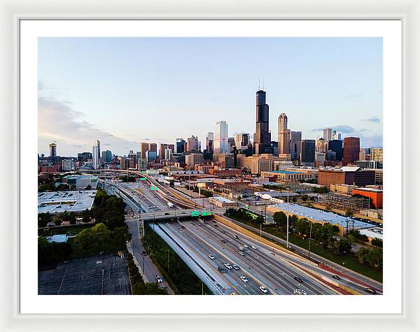 Aerial drone of downtown chicago Sunset - Framed Print