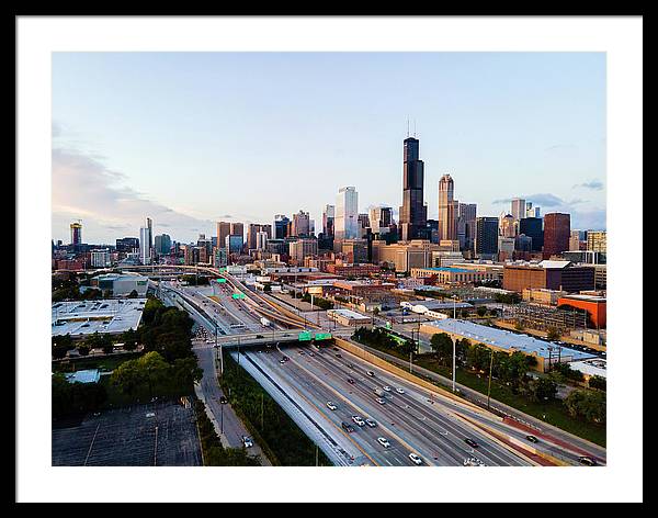 Aerial drone of downtown chicago Sunset - Framed Print