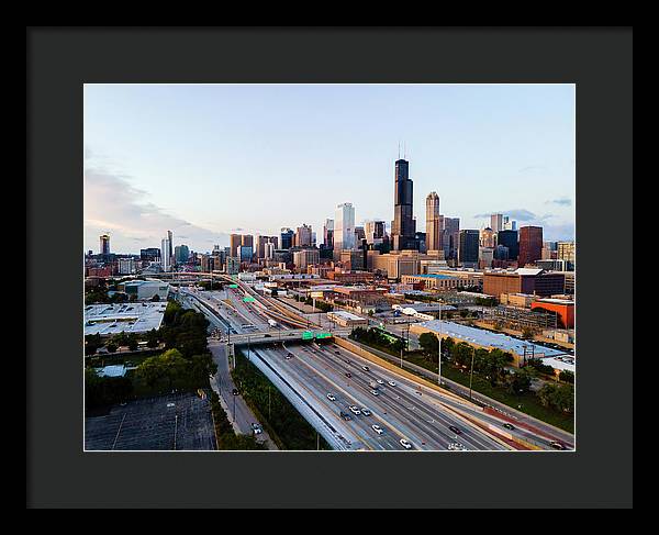 Aerial drone of downtown chicago Sunset - Framed Print