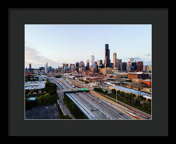 Aerial drone of downtown chicago Sunset - Framed Print