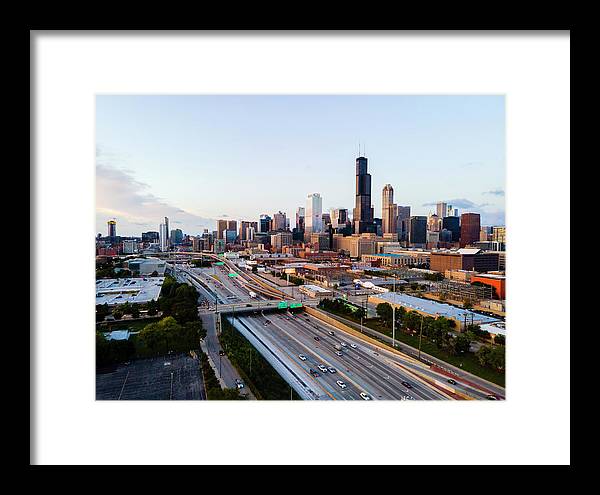 Aerial drone of downtown chicago Sunset - Framed Print