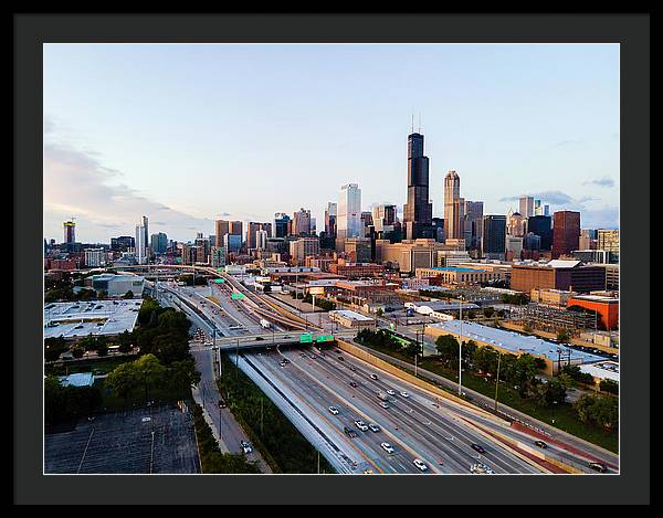 Aerial drone of downtown chicago Sunset - Framed Print