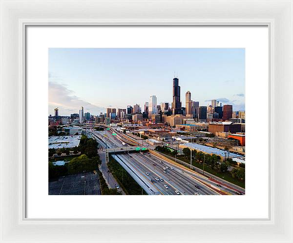 Aerial drone of downtown chicago Sunset - Framed Print