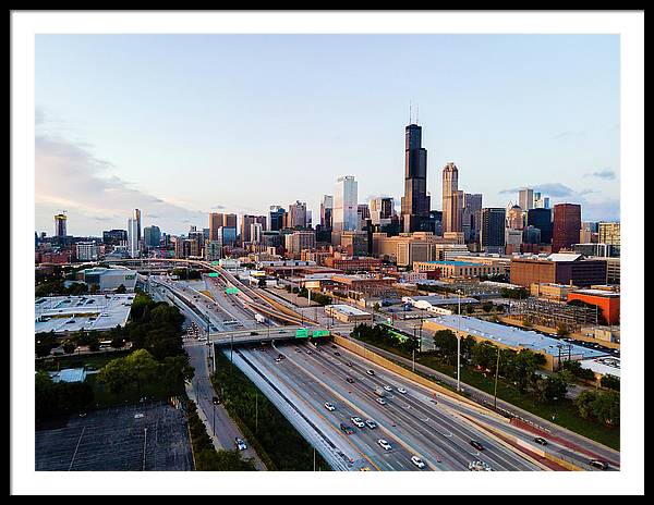 Aerial drone of downtown chicago Sunset - Framed Print