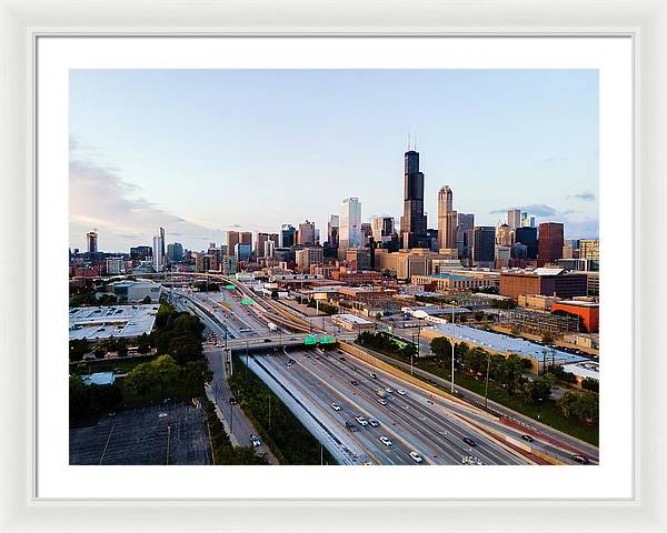Aerial drone of downtown chicago Sunset - Framed Print